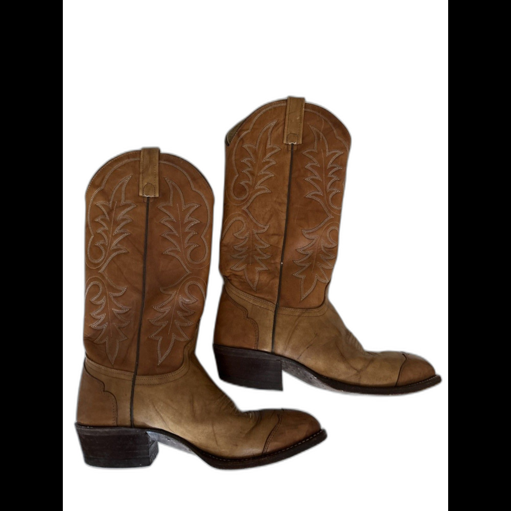 J. Chisholm Wingtip Cowboy Boots Tan Brown Leather USA Made Men's Size 7 D